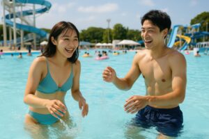 水遊びを楽しむ若い男女