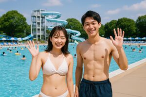 屋外プールでポーズをとるカップル