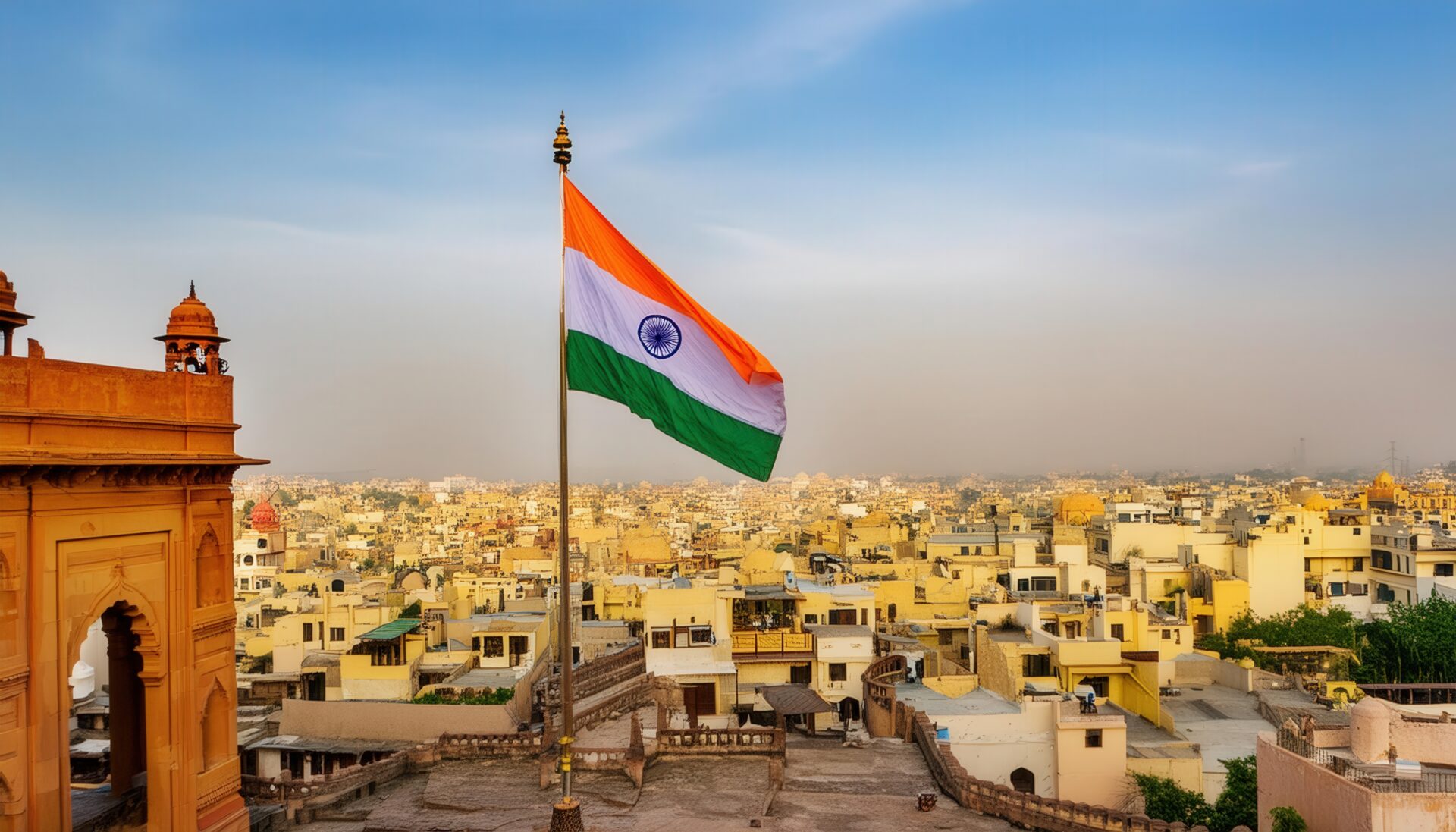 風になびくインド国旗とインドの都市