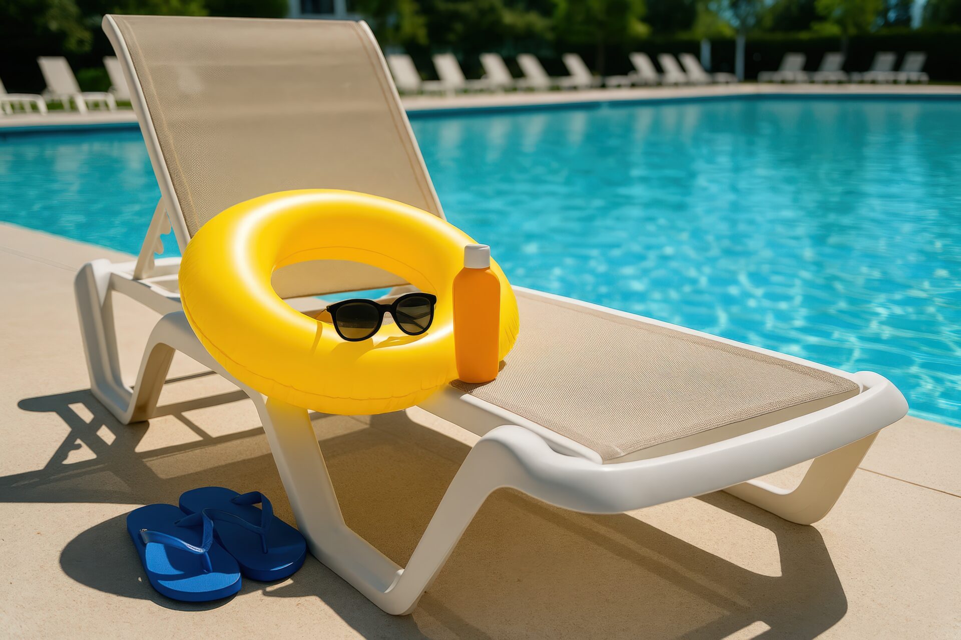 黄色い浮き輪とサングラスのあるプールサイド
