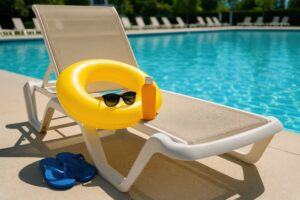 黄色い浮き輪とサングラスのあるプールサイド
