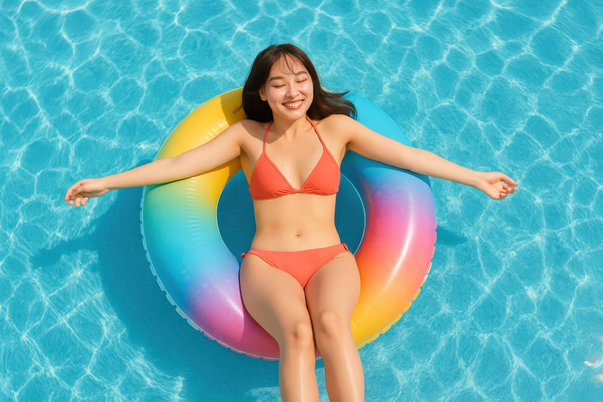 浮き輪に乗って手を広げる水着の女性