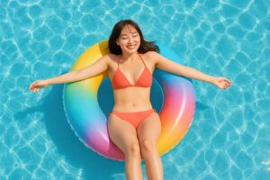 浮き輪に乗って手を広げる水着の女性