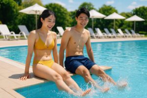 プールサイドで水遊びを楽しむカップル