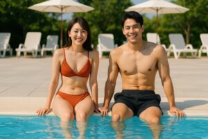 プールサイドに座る笑顔の男女