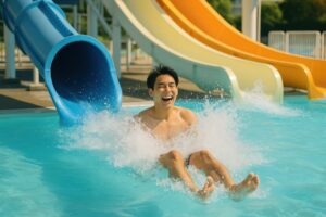 スライダーで水しぶきを上げる笑顔の男性