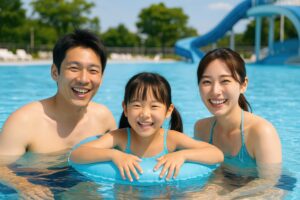 屋外プールで笑顔の家族