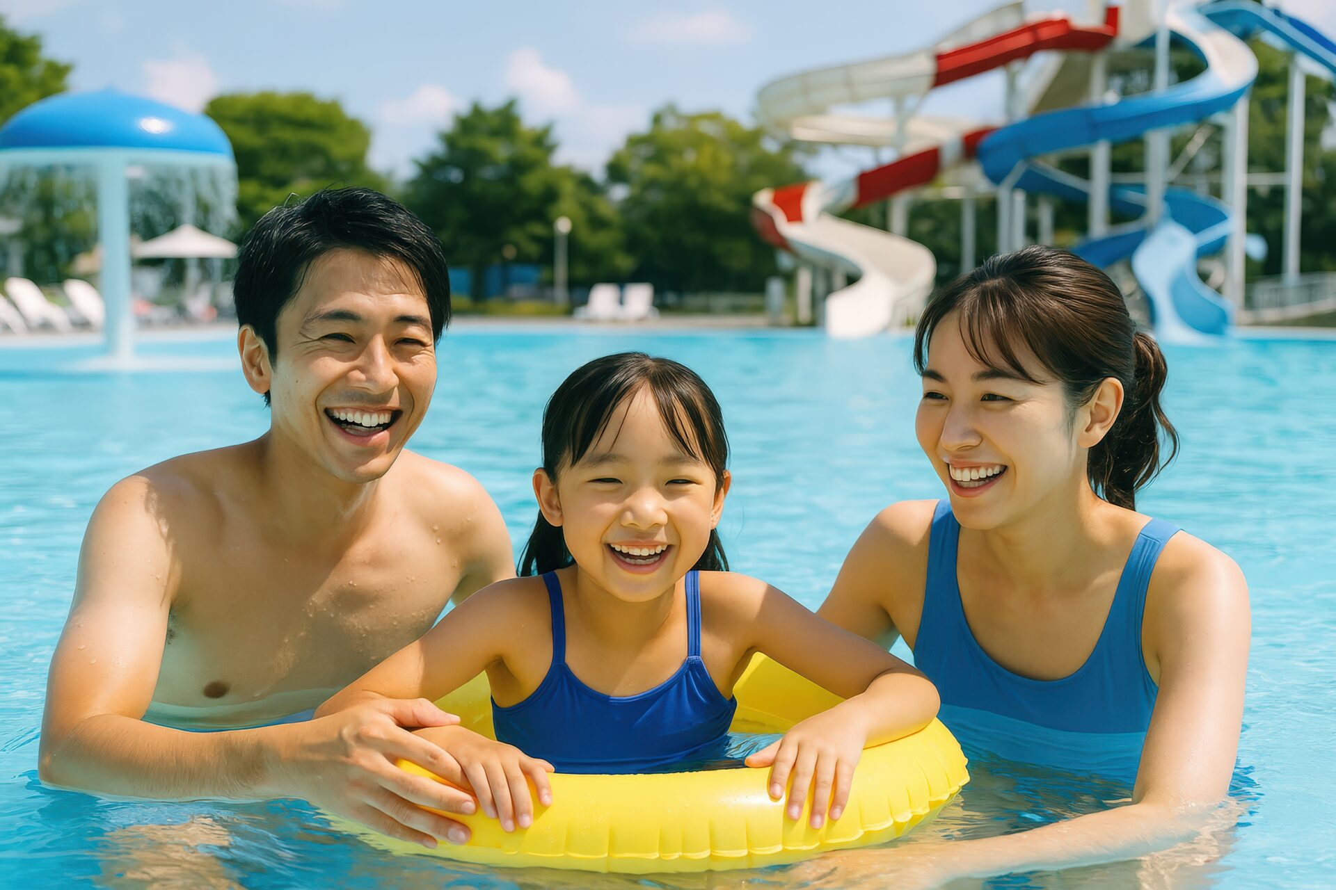 浮き輪で遊ぶ仲良し家族