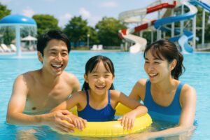 浮き輪で遊ぶ仲良し家族