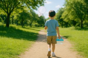 虫取り道具を持って夏の小道を歩く子供の後ろ姿（青シャツ）