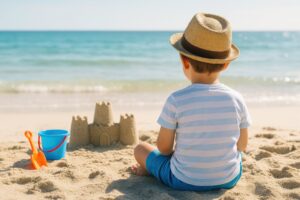 砂浜で砂のお城を見つめる帽子の男の子の後ろ姿