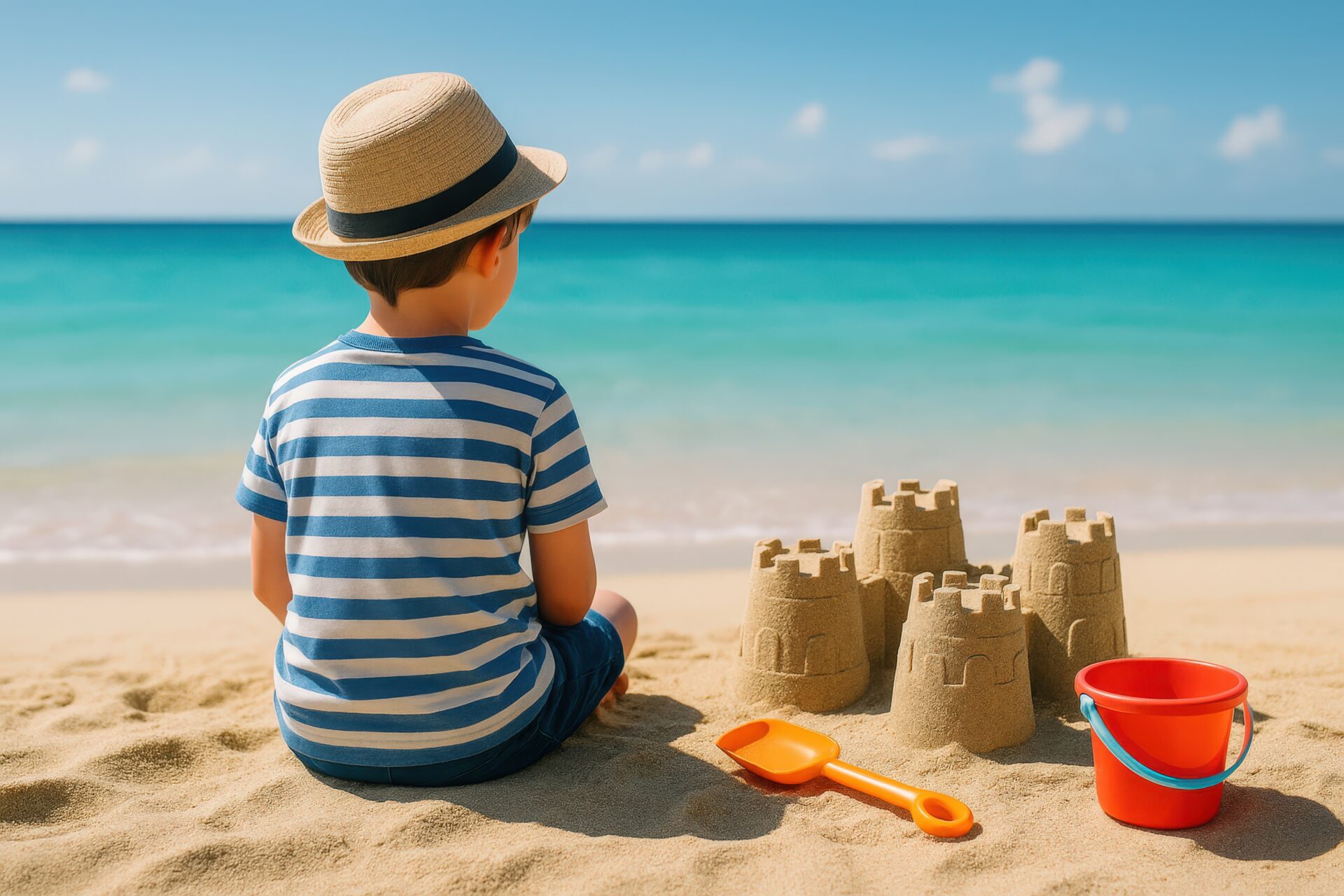 ビーチで砂遊びを楽しむ子供の後ろ姿と砂の城