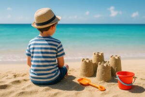 ビーチで砂遊びを楽しむ子供の後ろ姿と砂の城