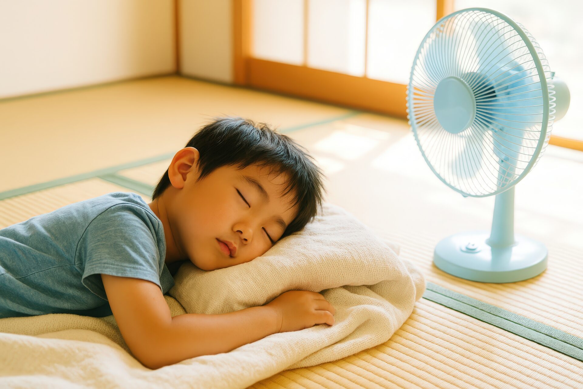 扇風機のそばで眠る子供の昼寝風景（和室）
