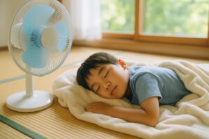 畳の部屋で扇風機の風を受けながら寝る男の子