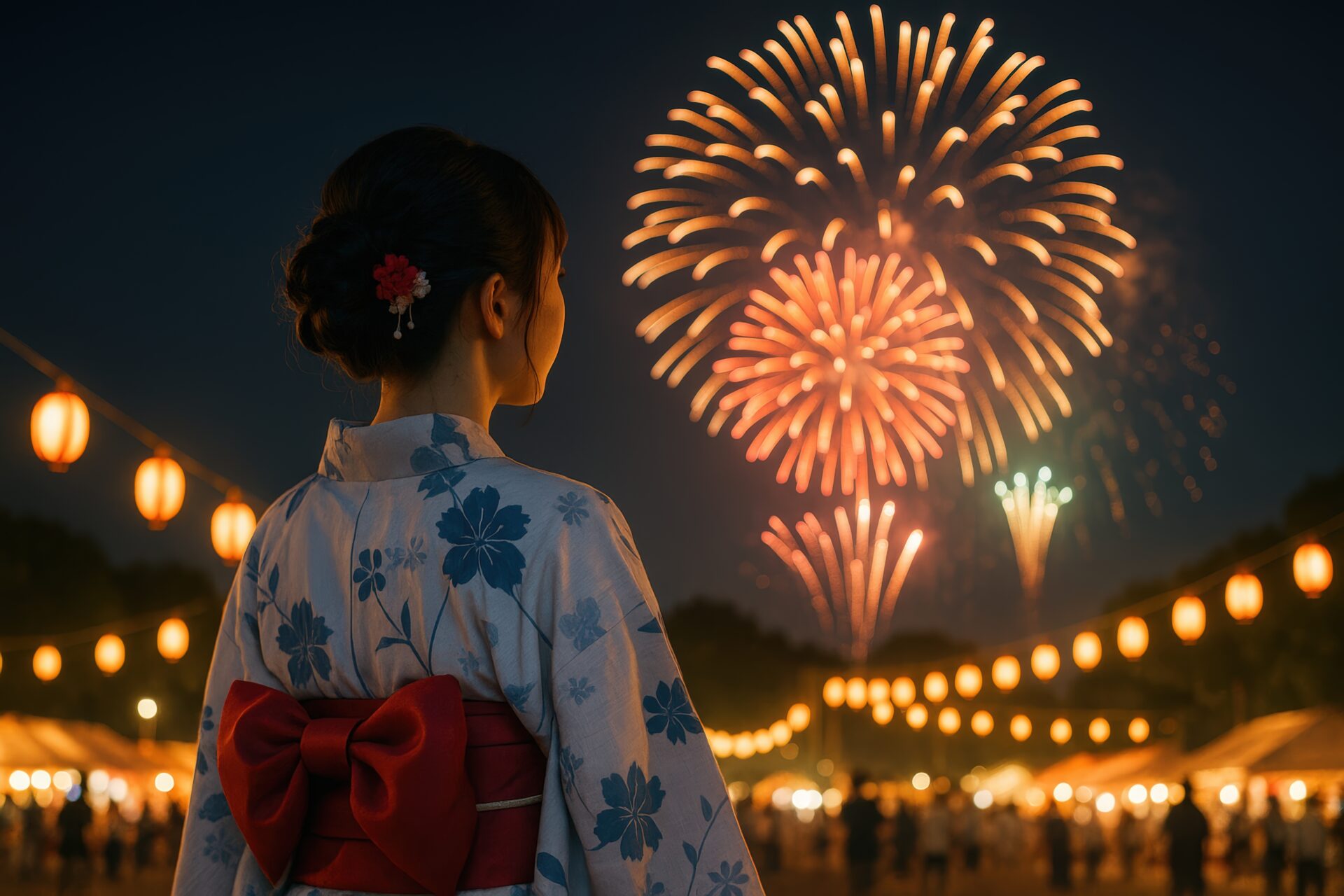 浴衣姿の女性が見つめる夏の花火大会