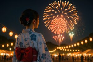 浴衣姿の女性が見つめる夏の花火大会