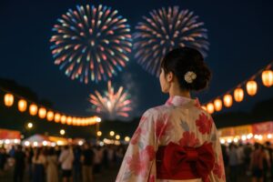 夜祭り会場で花火を見上げる浴衣の女性