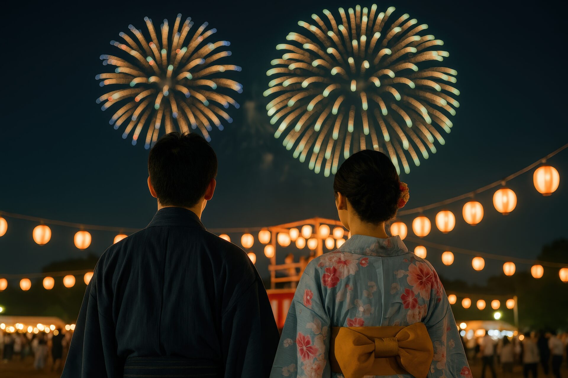 花火を見上げる浴衣姿のカップルの後ろ姿