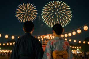 花火を見上げる浴衣姿のカップルの後ろ姿