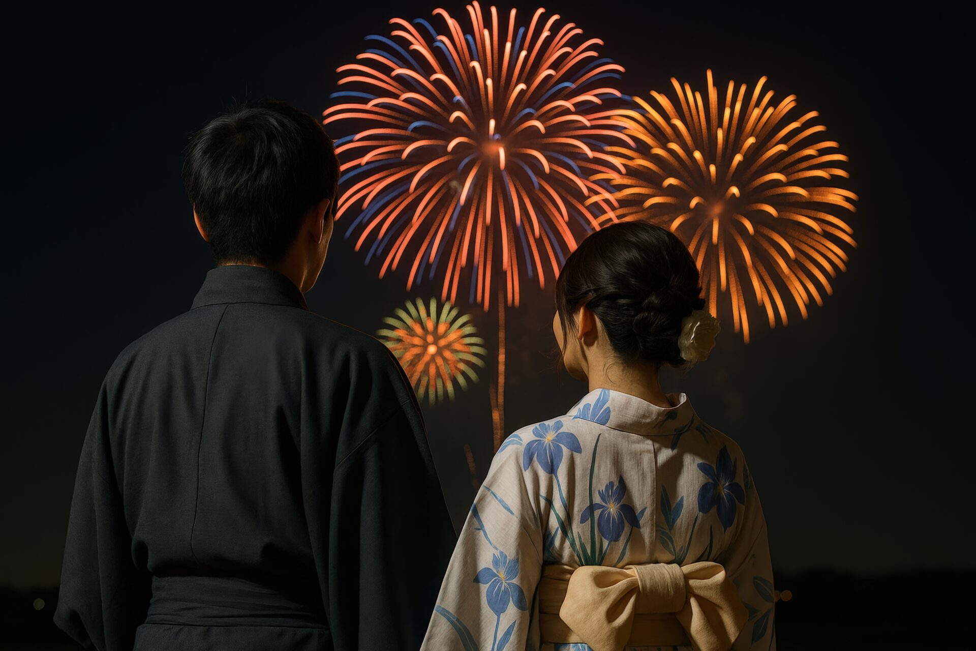 大輪の花火を見つめる浴衣の男女