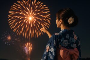 花火を指さす浴衣姿の女性の後ろ姿