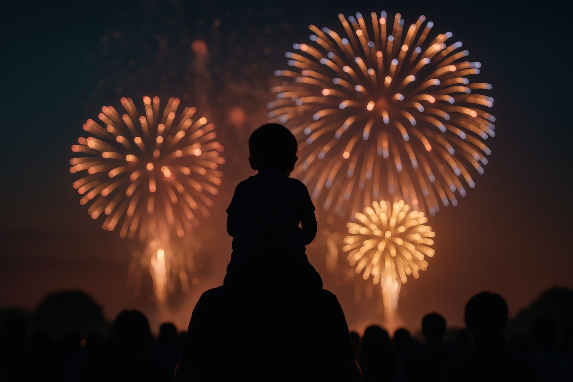 花火を肩車で見上げる親子の後ろ姿