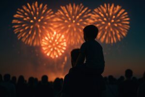 花火大会で肩車される男の子と父親の後ろ姿