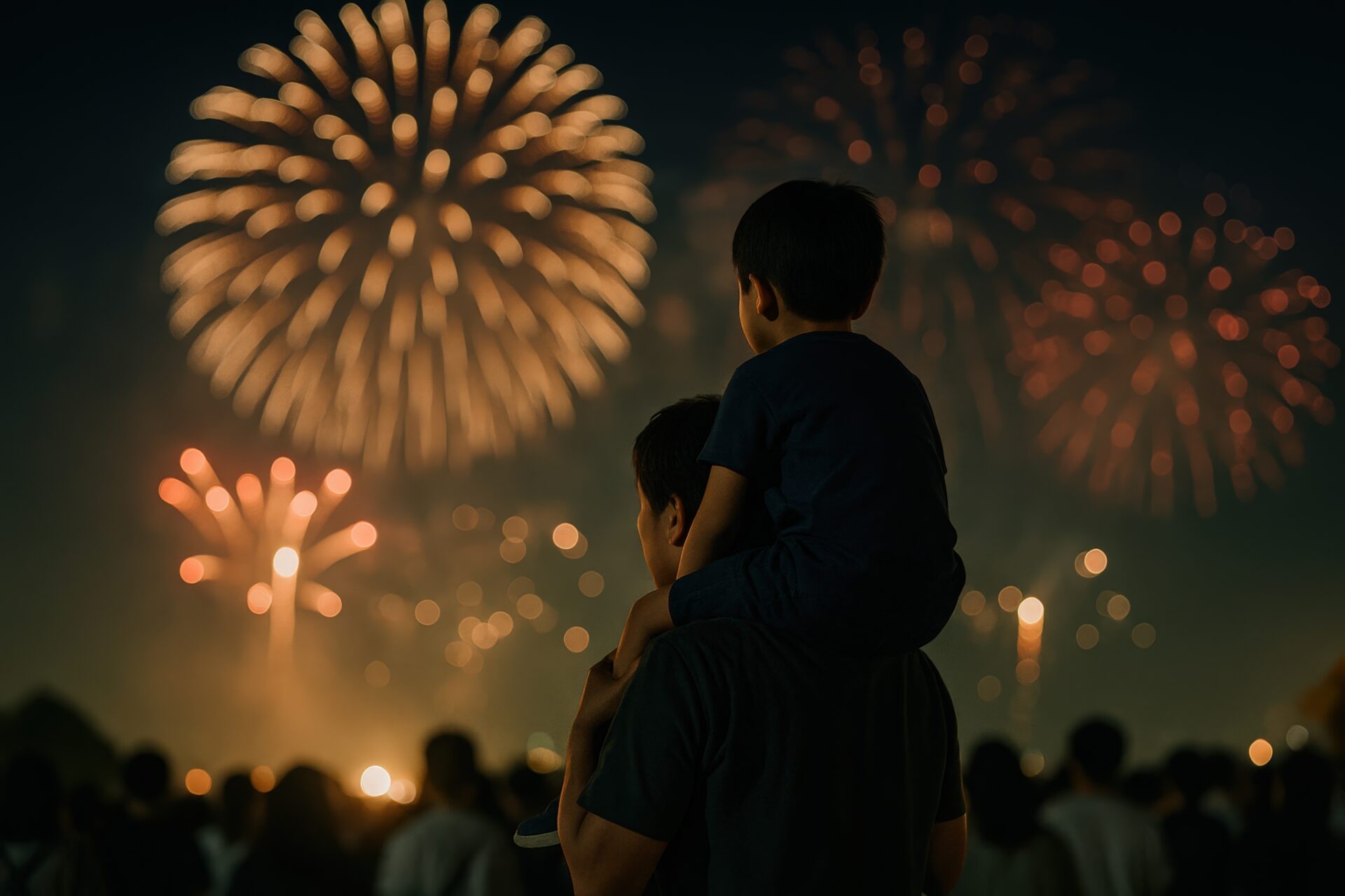 夜空の花火を見上げる親子のシルエット