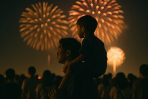 夏の夜に肩車されて花火を眺める男の子
