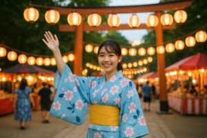 鳥居前の夏祭りで手を振る浴衣の女性