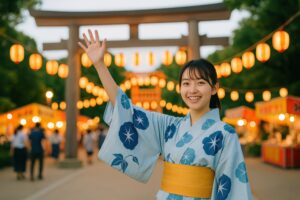 夏祭り会場で微笑みながら手を振る浴衣の女性