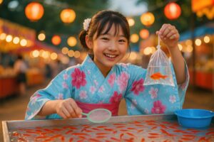 金魚すくいで笑顔を見せる浴衣姿の女の子