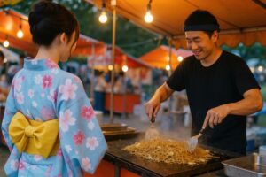 屋台の焼きそばを注文する浴衣姿の女性