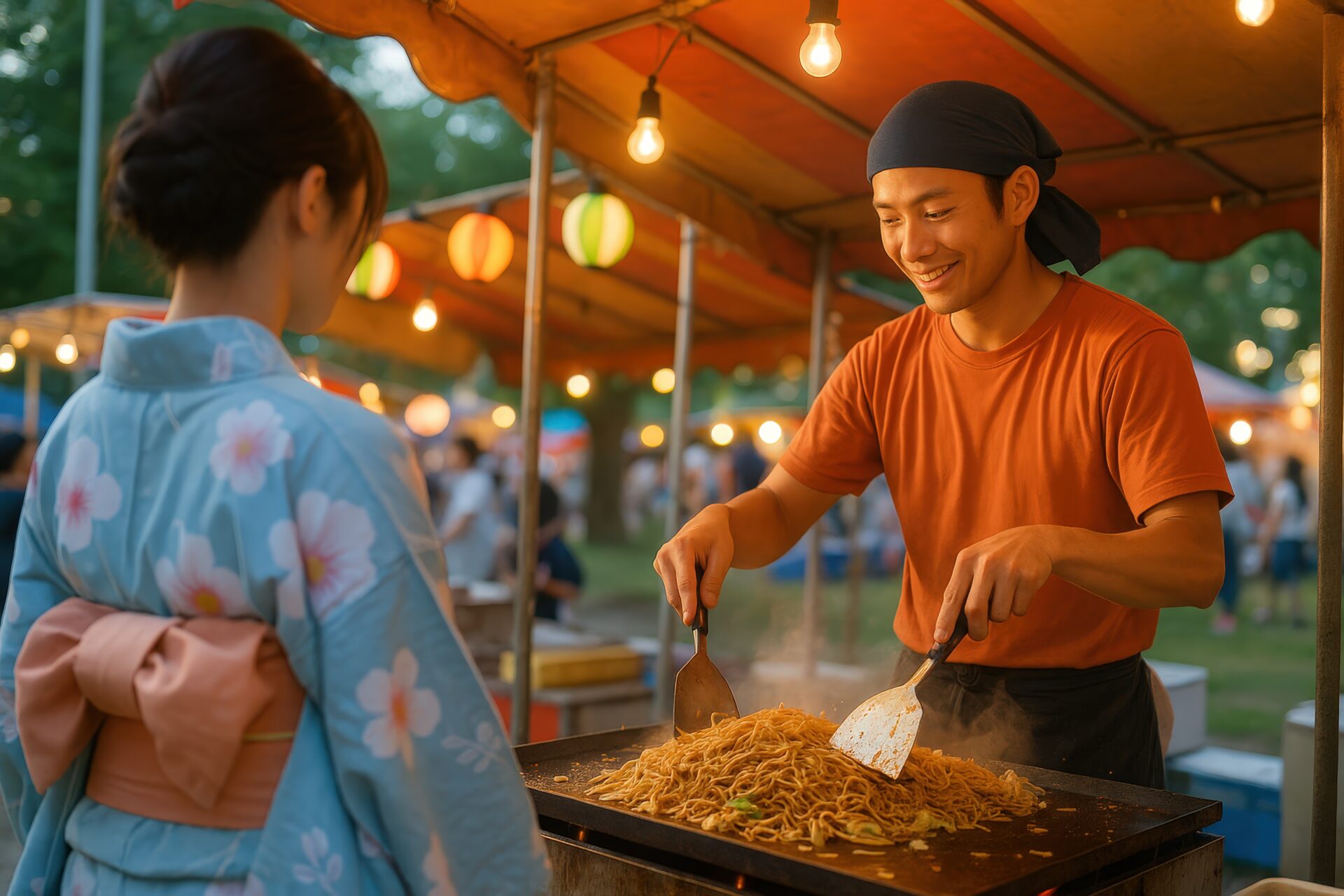焼きそばを焼く屋台の男性と浴衣の女性