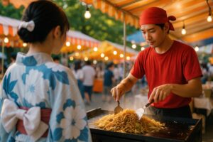 浴衣の女性に焼きそばを提供する屋台の男性