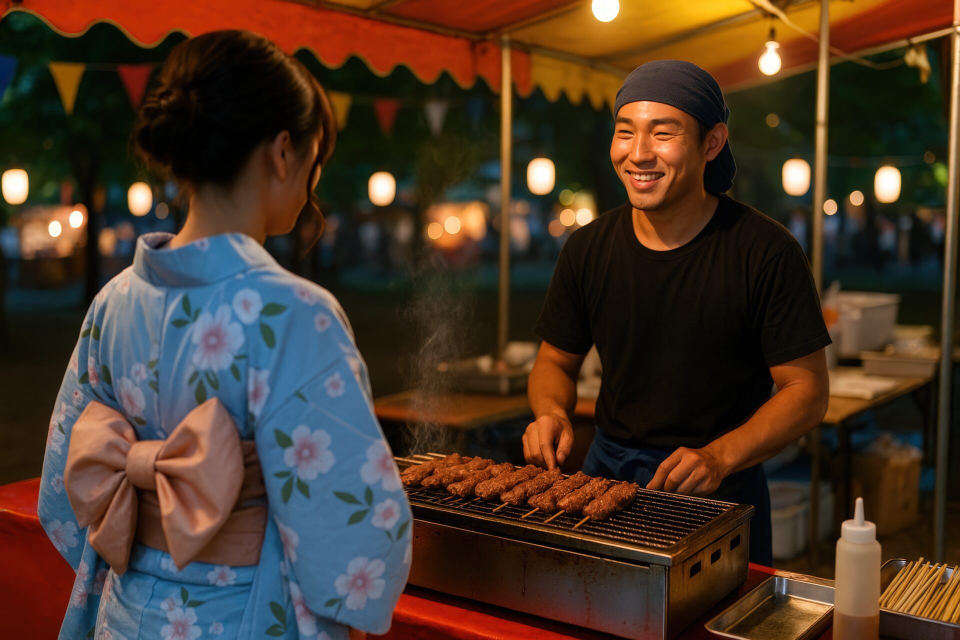 串焼きを焼く屋台の男性と浴衣姿の女性