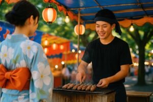 浴衣姿の女性に串焼きを焼く笑顔の屋台店主