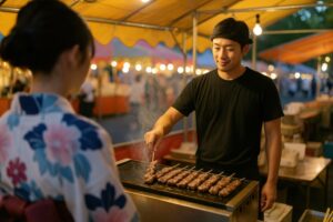 祭りの屋台で串焼きを焼く男性と女性客