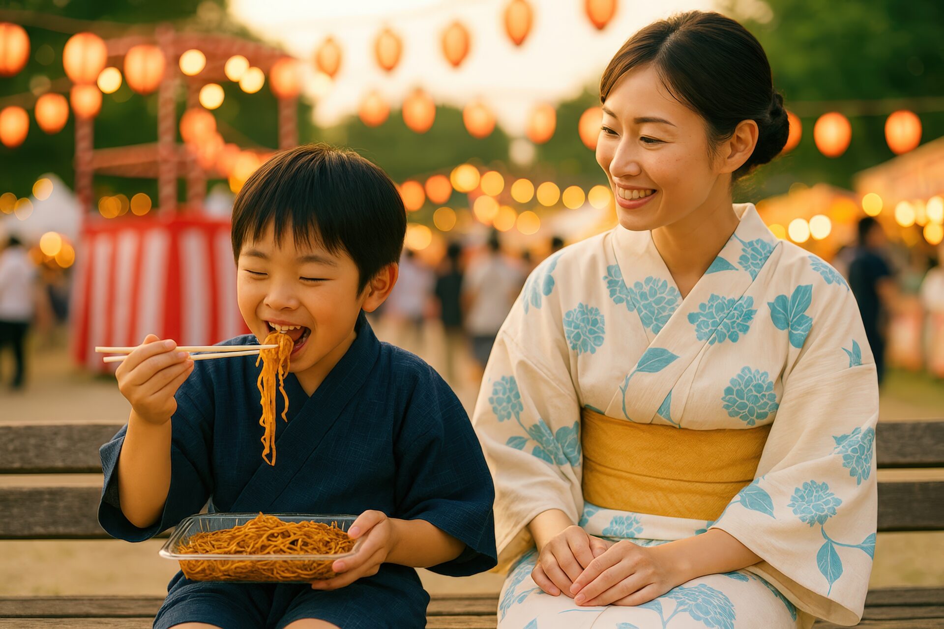 笑顔の母親と一緒に焼きそばを楽しむ男の子