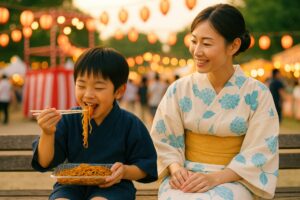 笑顔の母親と一緒に焼きそばを楽しむ男の子