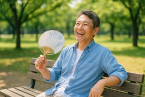 公園のベンチでうちわを持って笑う中年男性