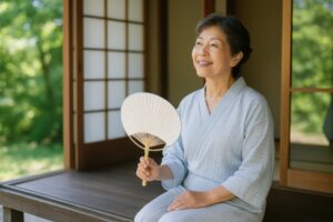 縁側でうちわを持って微笑む着物姿の女性