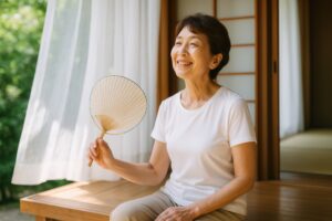 縁側でうちわを持ち笑顔の女性