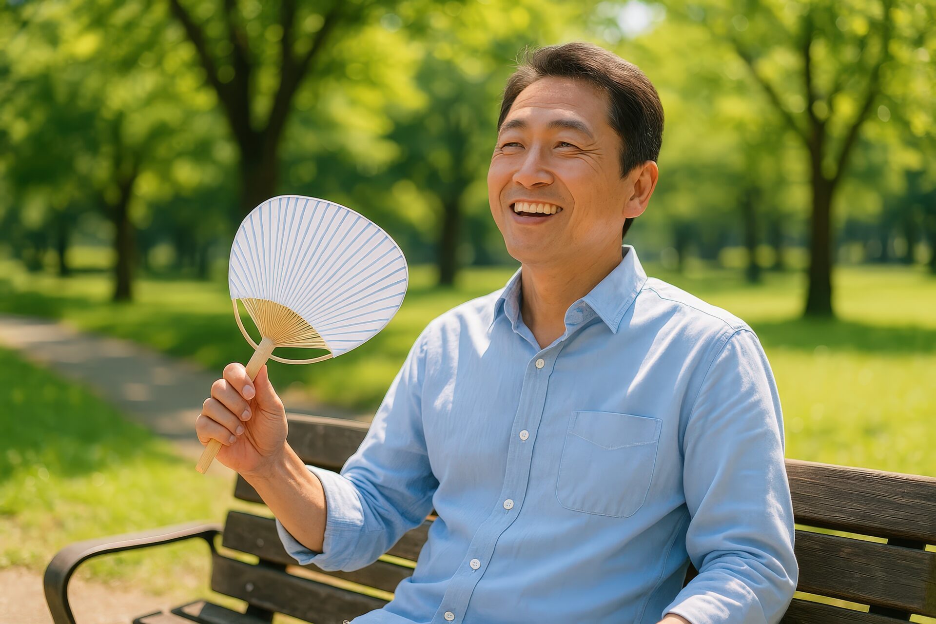 公園のベンチでうちわを持って笑う男性