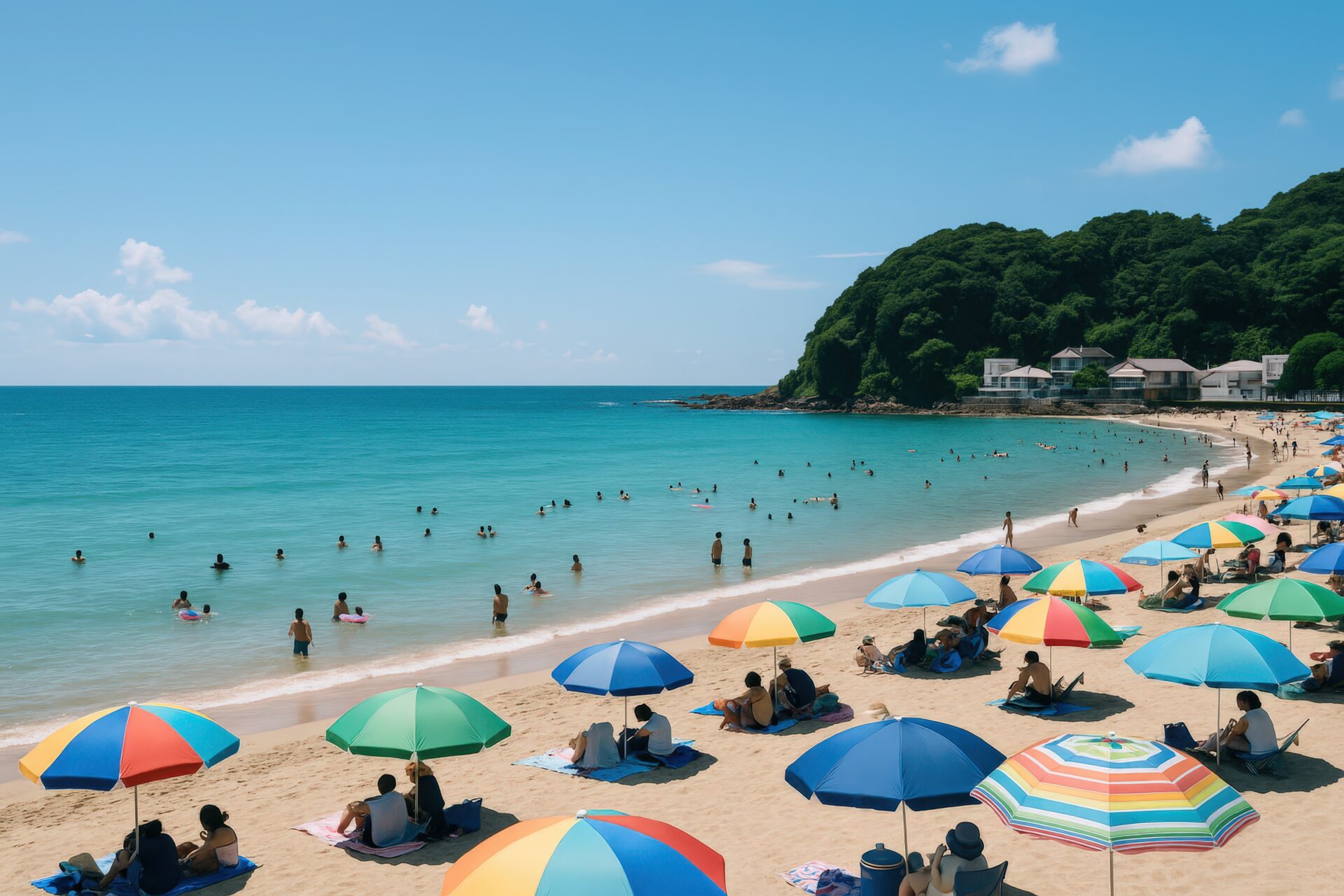 海水浴を楽しむ人々とパラソルが並ぶ砂浜