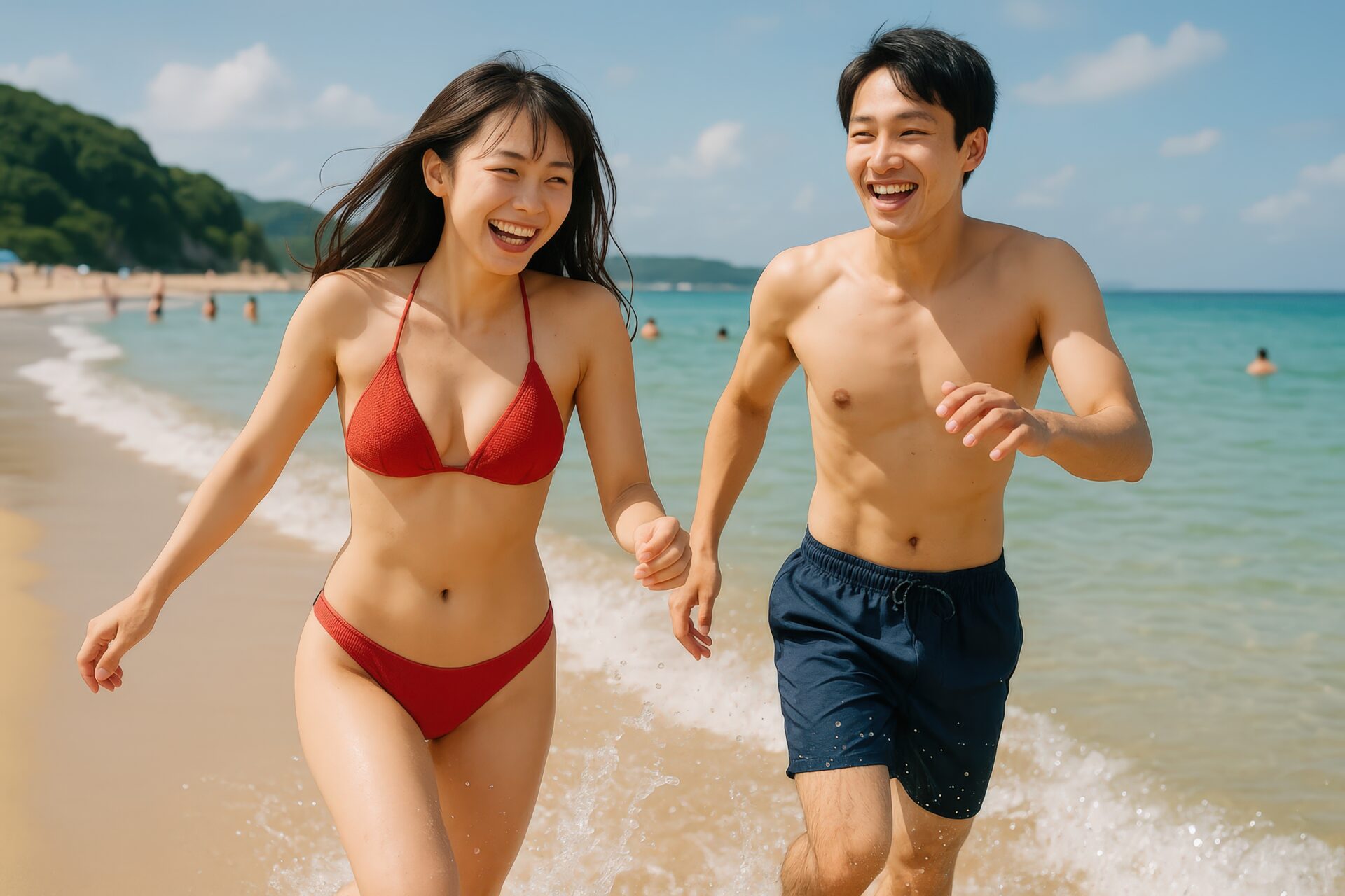 海辺を手をつないで走る若いカップル