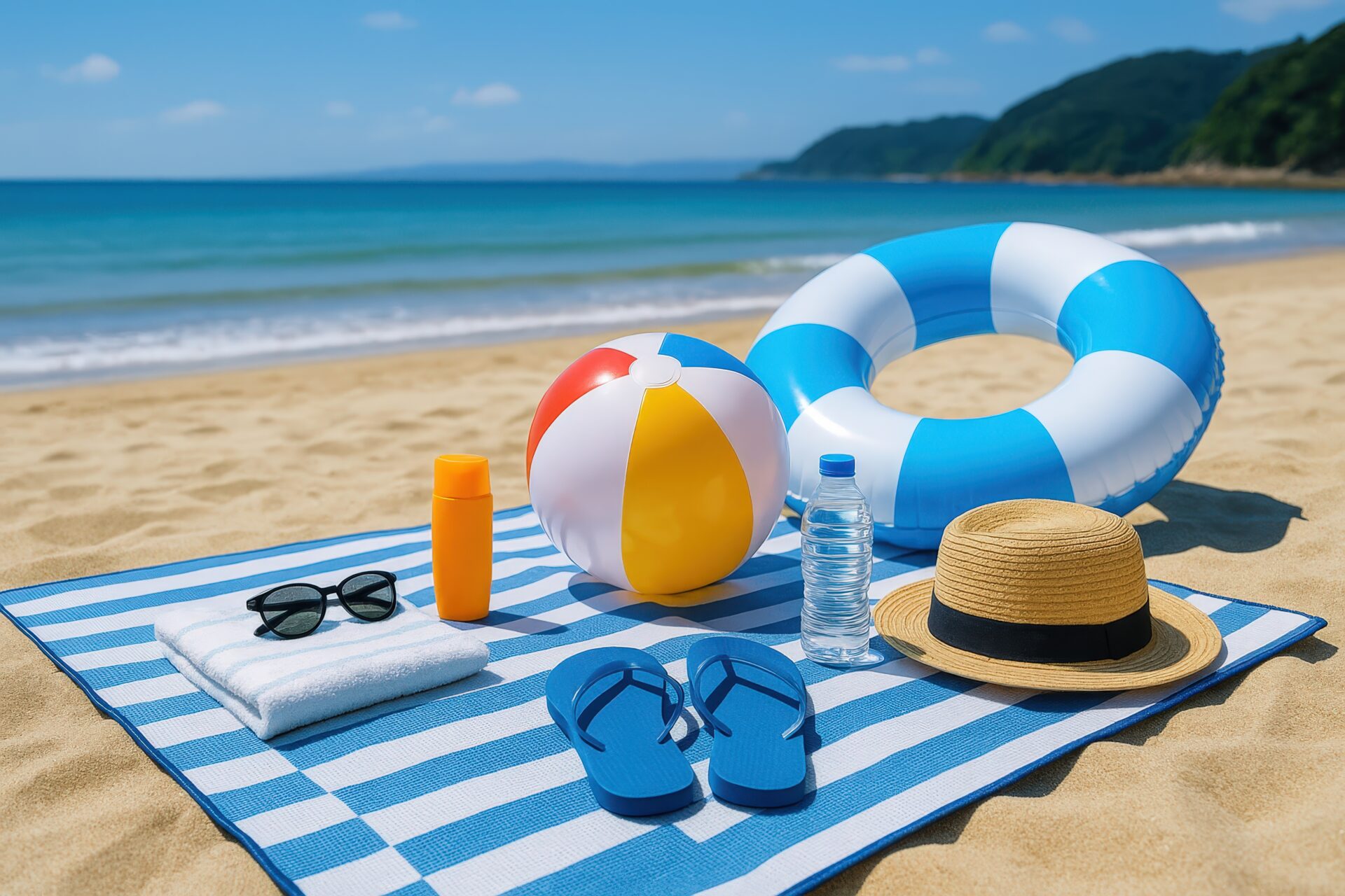 ビーチマットに並べられた海水浴アイテム