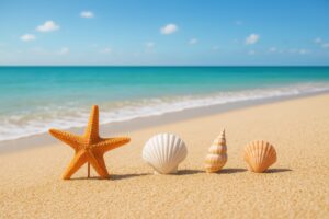 海辺に並んだヒトデと貝殻のクローズアップ