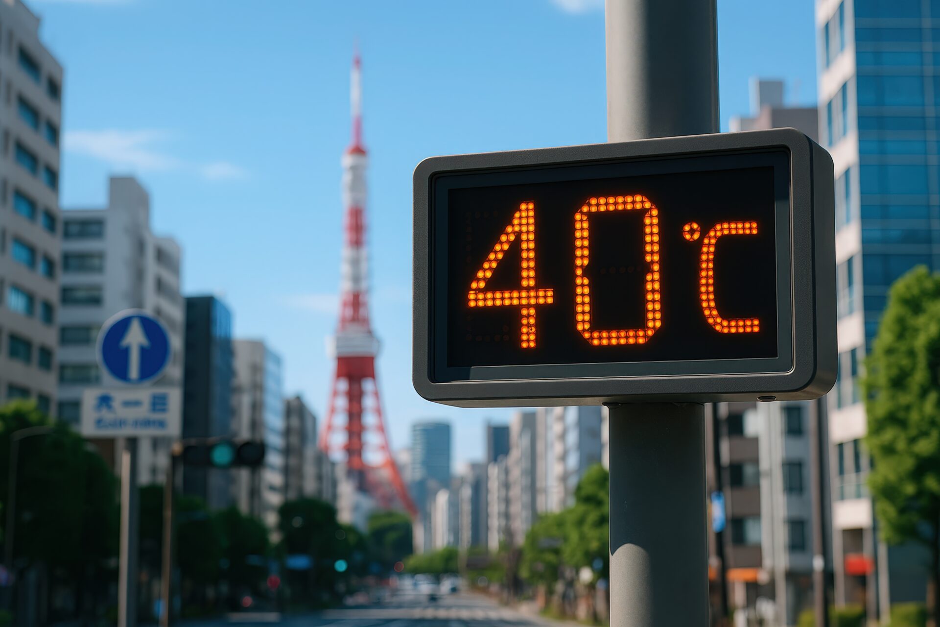 東京タワーと40℃を示す温度表示板